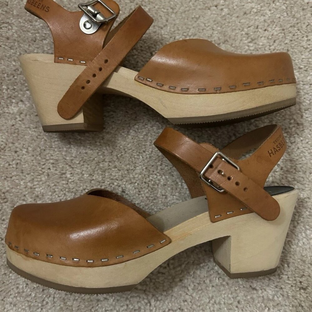 Swedish Leather Hasbeens Cognac Strap Sandal Clog Heel EXCELLENT Sz 38 7.5